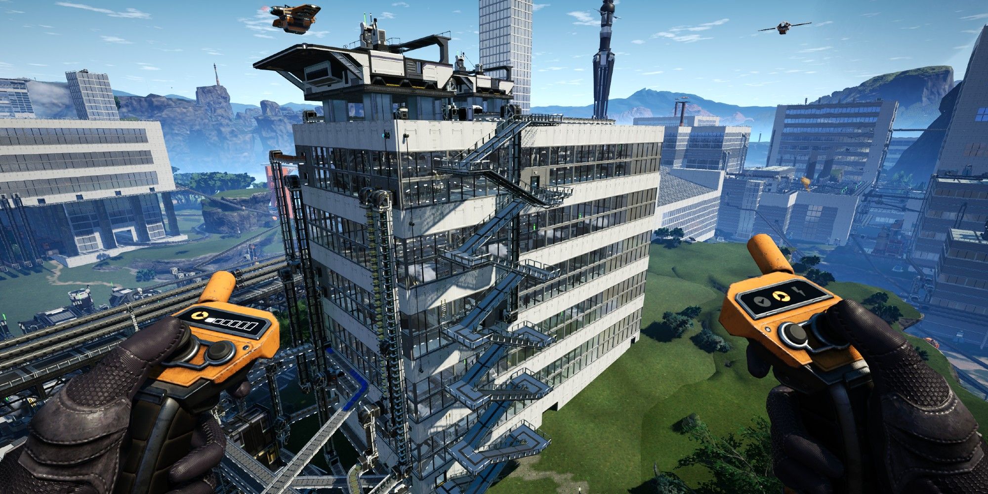 A player uses Drones to move resources around the map in Satisfactory