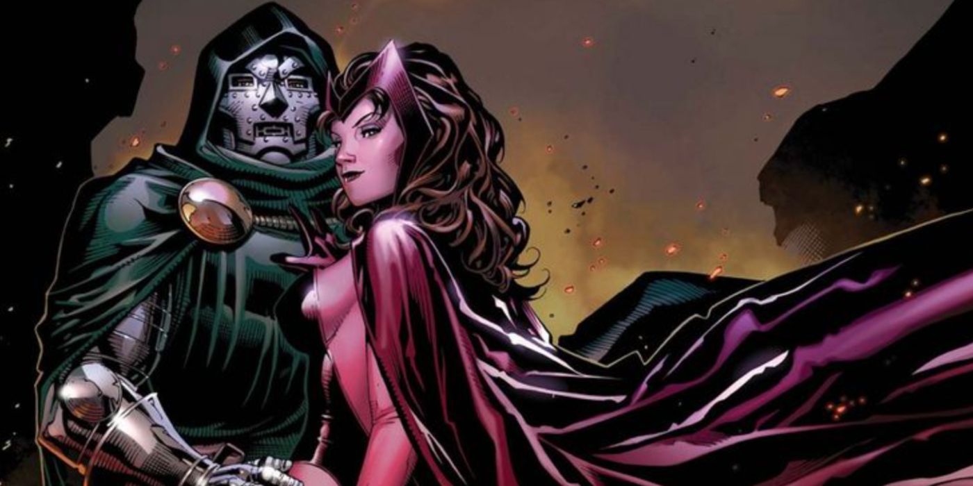Scarlet Witch and Doctor Doom embrace in Marvel Comics.