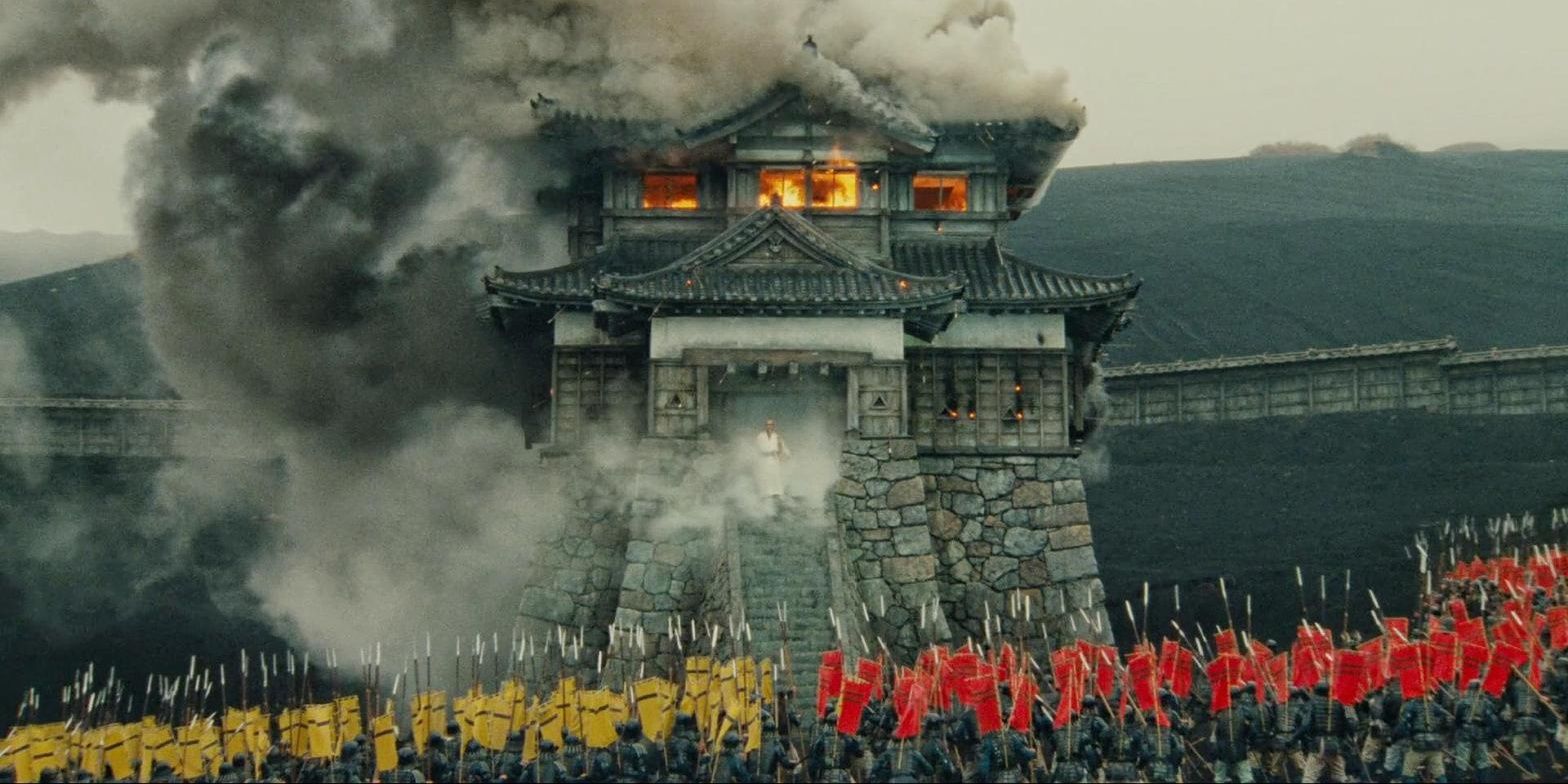 Scene of two armies, red and yellow, from Ran 1985