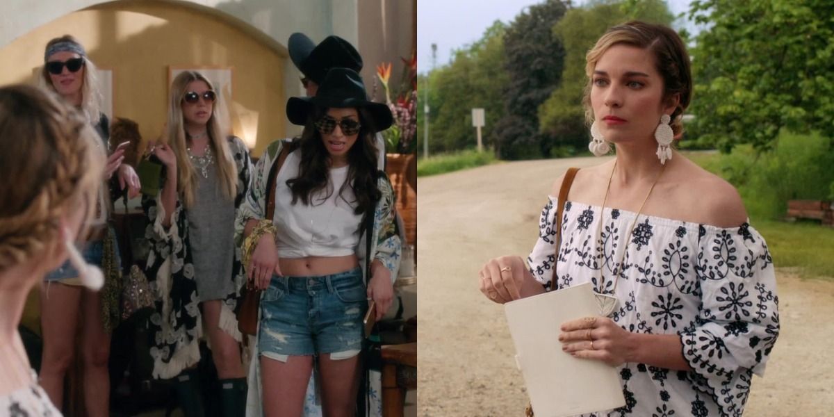 On Schitt's Creek, four hippie chick women with a lot of bravado; Alexis looking at them a little dismayed