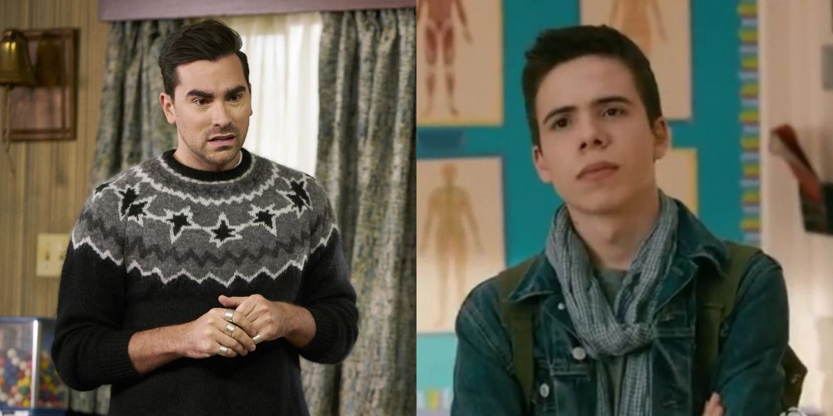 On Schitt's Creek, David in sweater looking nervous; teen with scarf around his neck and arms folded looking smart alecky