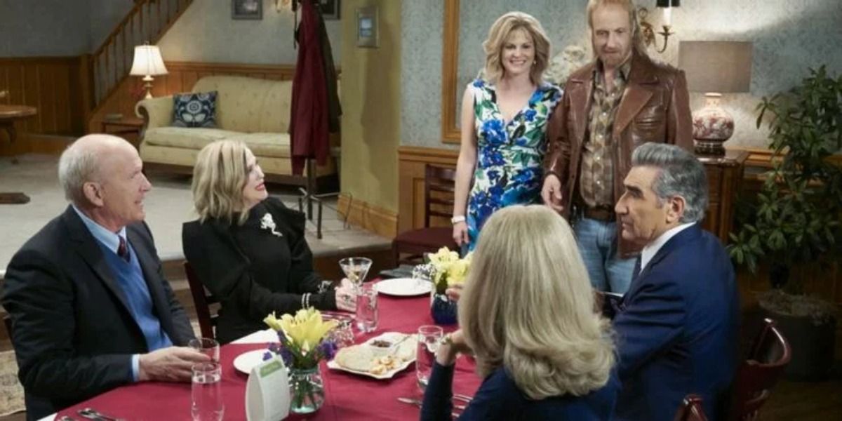 On Schitt's Creek, The Rose parents out to dinner with Roland and Jocelyn as well as another couple they new in New York