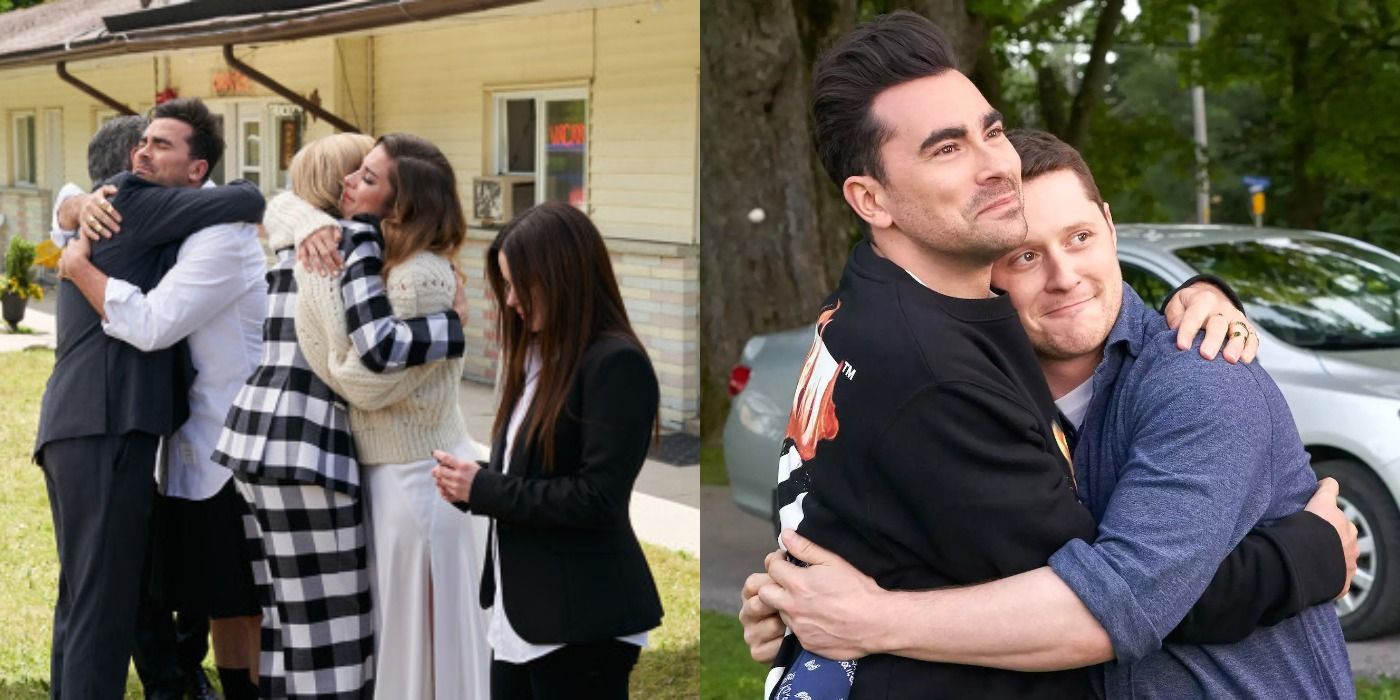 On Schitt's Creek, the parents and kids hug as Stevie looks on; David and Patrick embrace