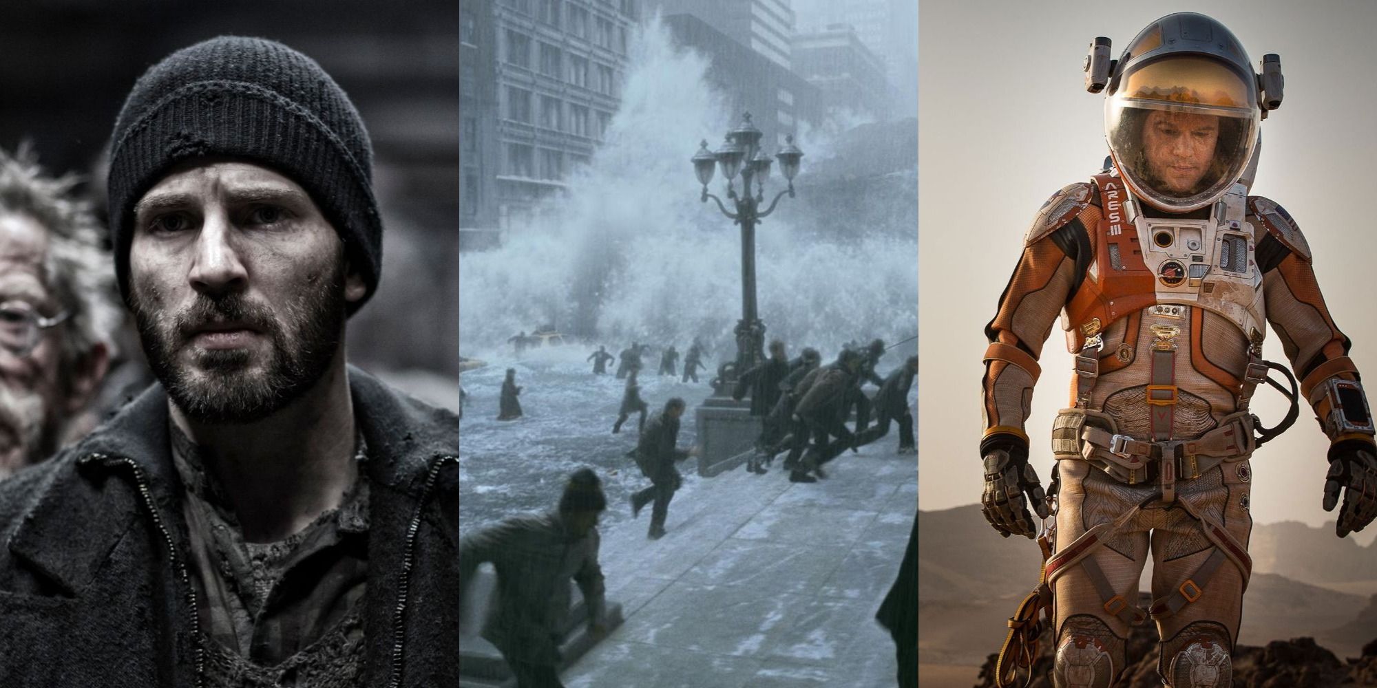 Split image of Chris Evans in Snowpiercer/a wave hitting New York/Matt Damon in The Martian