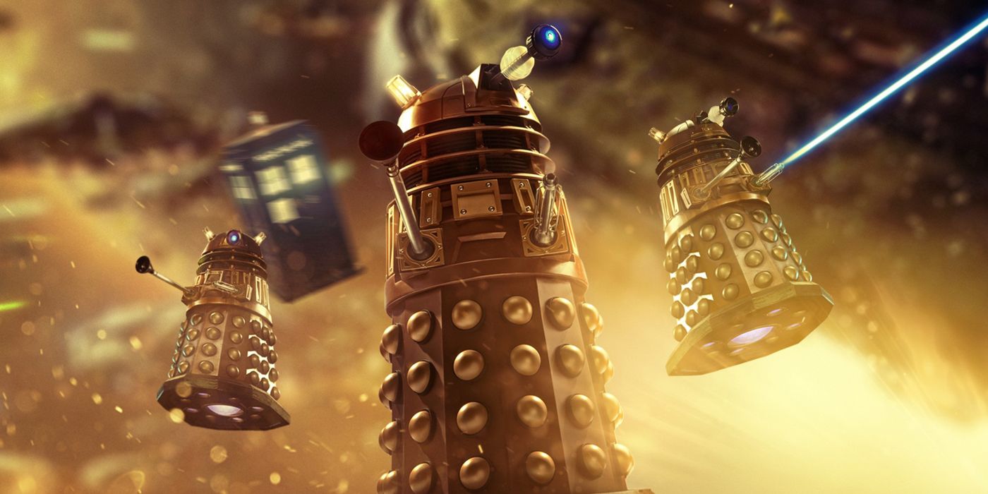 The Daleks fly through space with the Doctor in hot pursuit