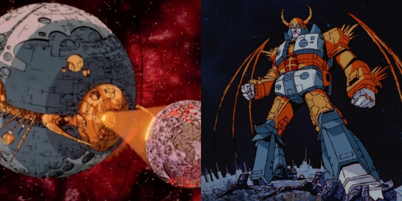 Unicron in sphere form eats a planet, and in robot form stomps on one