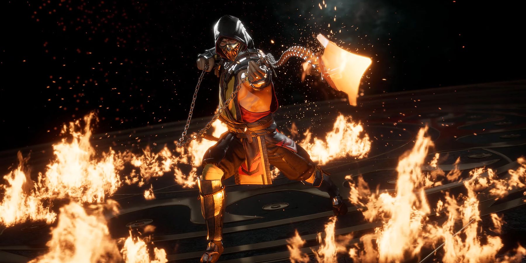 Scorpion throws his chained kunai in Mortal Kombat 11