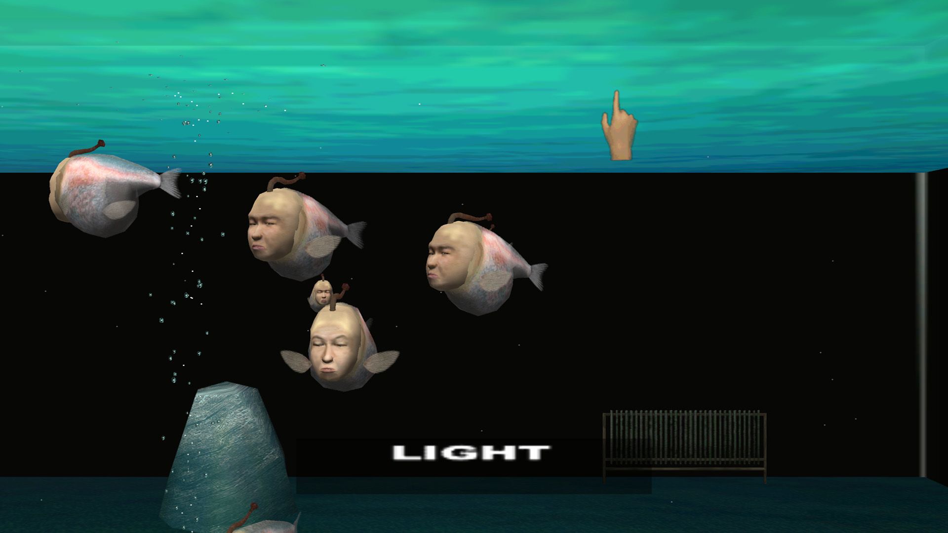 Fish-men swimming in a tank in Seaman for the Sega Dreamcast.