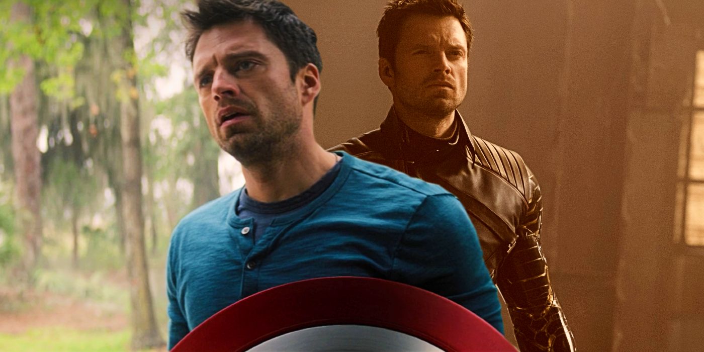 Sebastian Stan as Bucky Barnes in Falcon and Winter Soldier with Captain America shield and vibranium arm