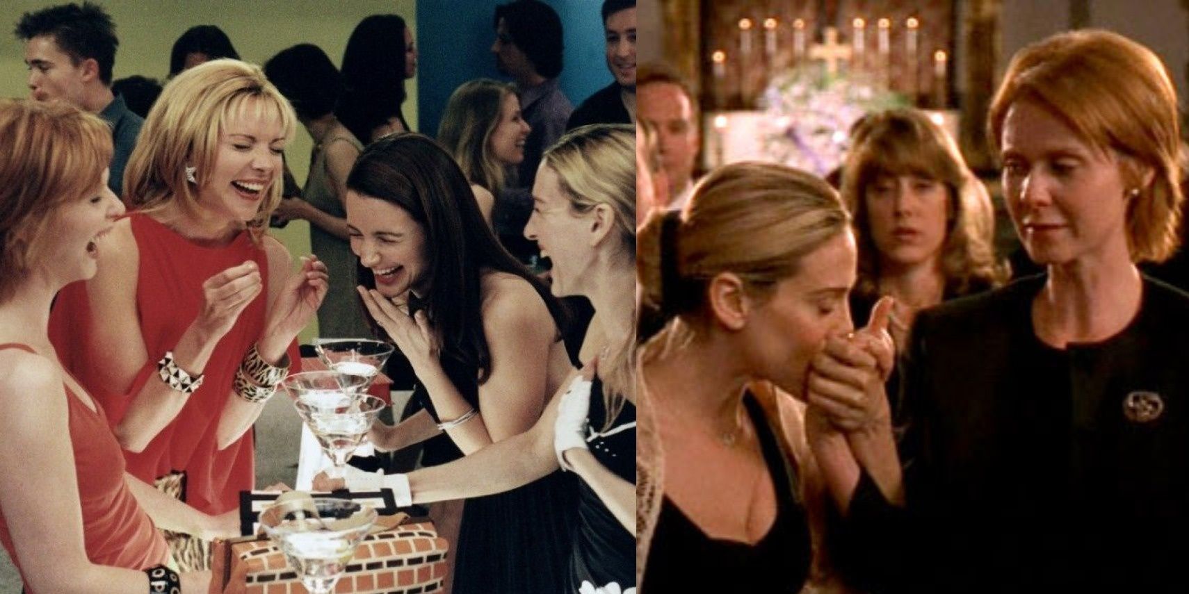 Miranda, Samantha, Charlotte, and Carrie laughing; Carrie kissing Miranda's hand in 