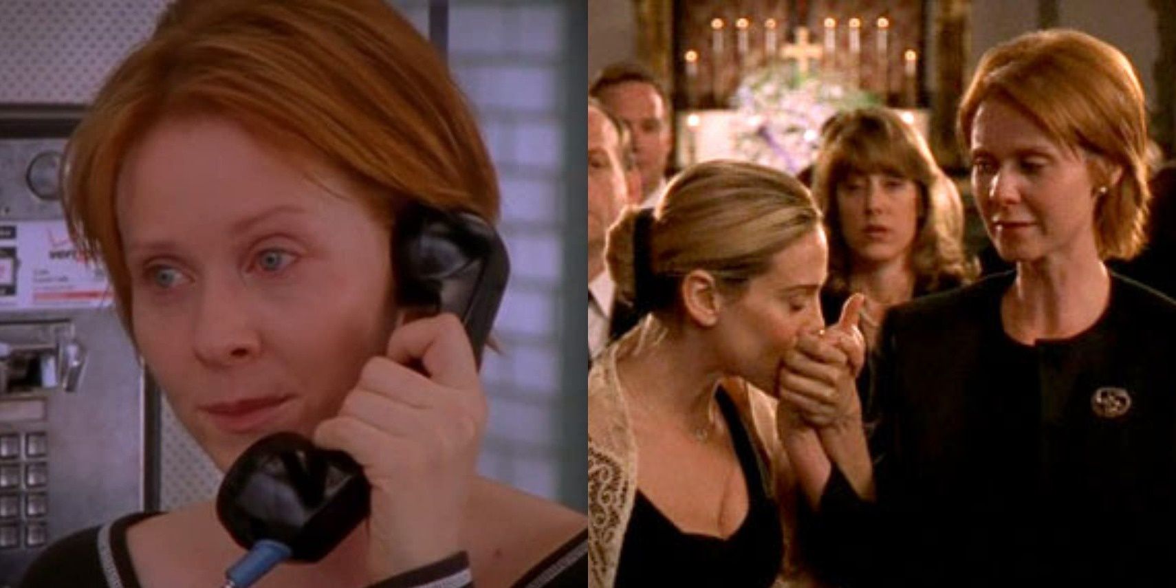 Split image showing Miranda crying, and Carrie walking beside her in Sex and the City