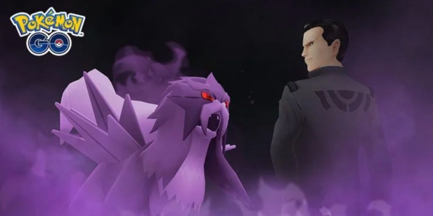Shadow Entei roars as it stands next to Giovanni in Pokemon GO promo