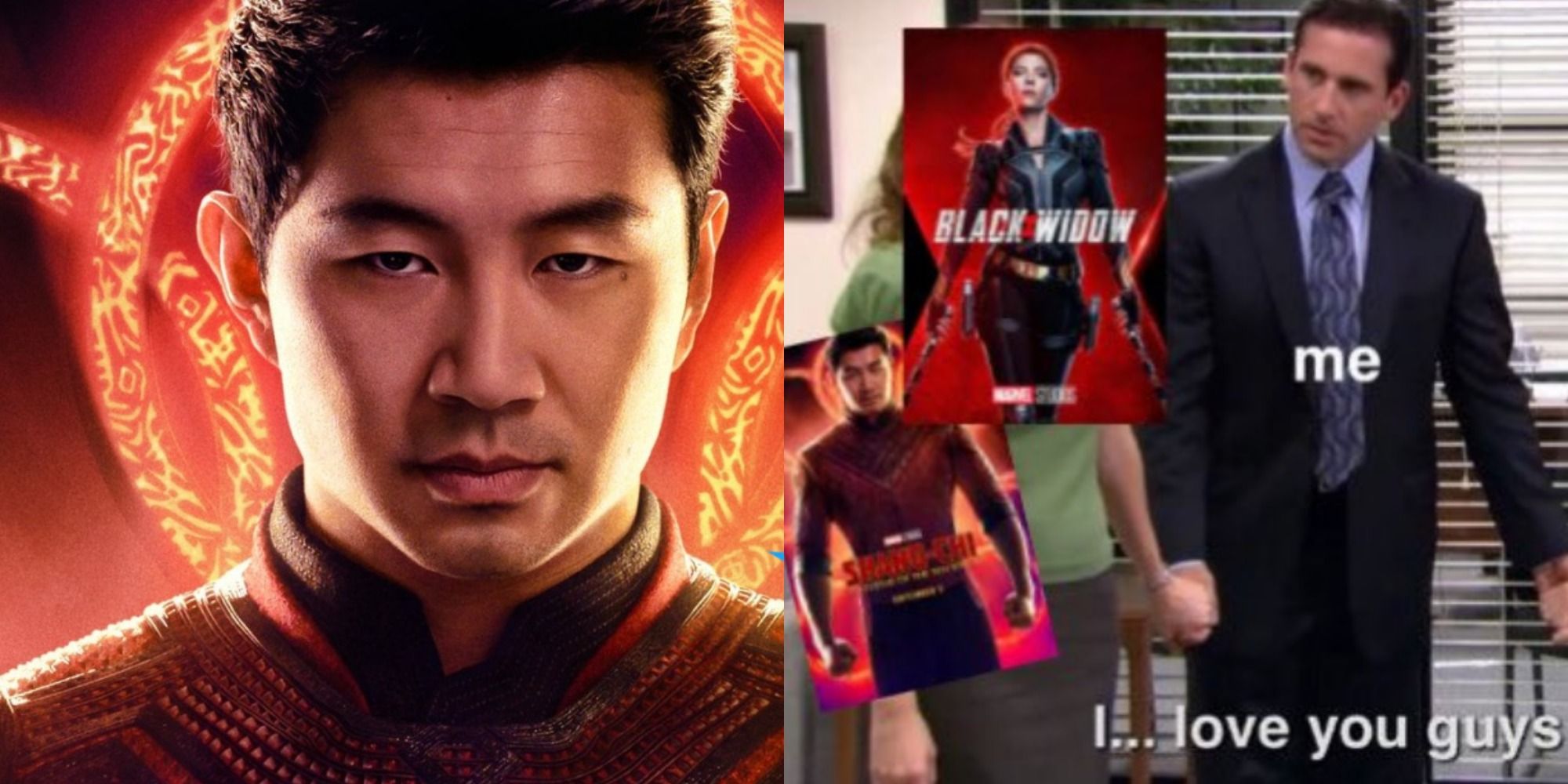Split image of Shang Chi poster and Office meme