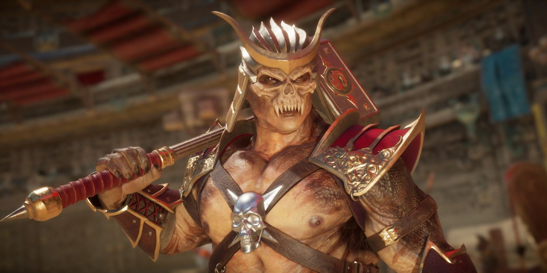 Shao Kahn rests his hammer on his shoulder in Mortal Kombat 11