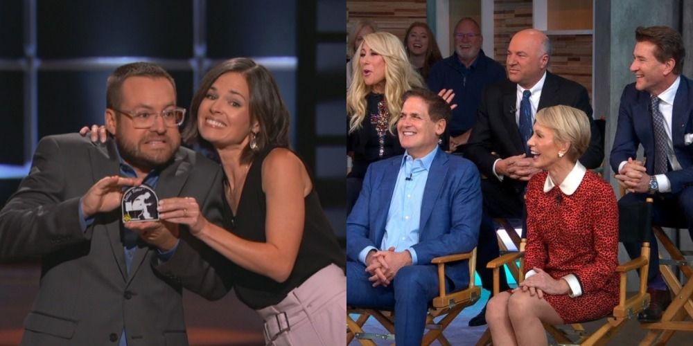 From Shark Tank, couple with idea to pitch, and the five judges looking excited