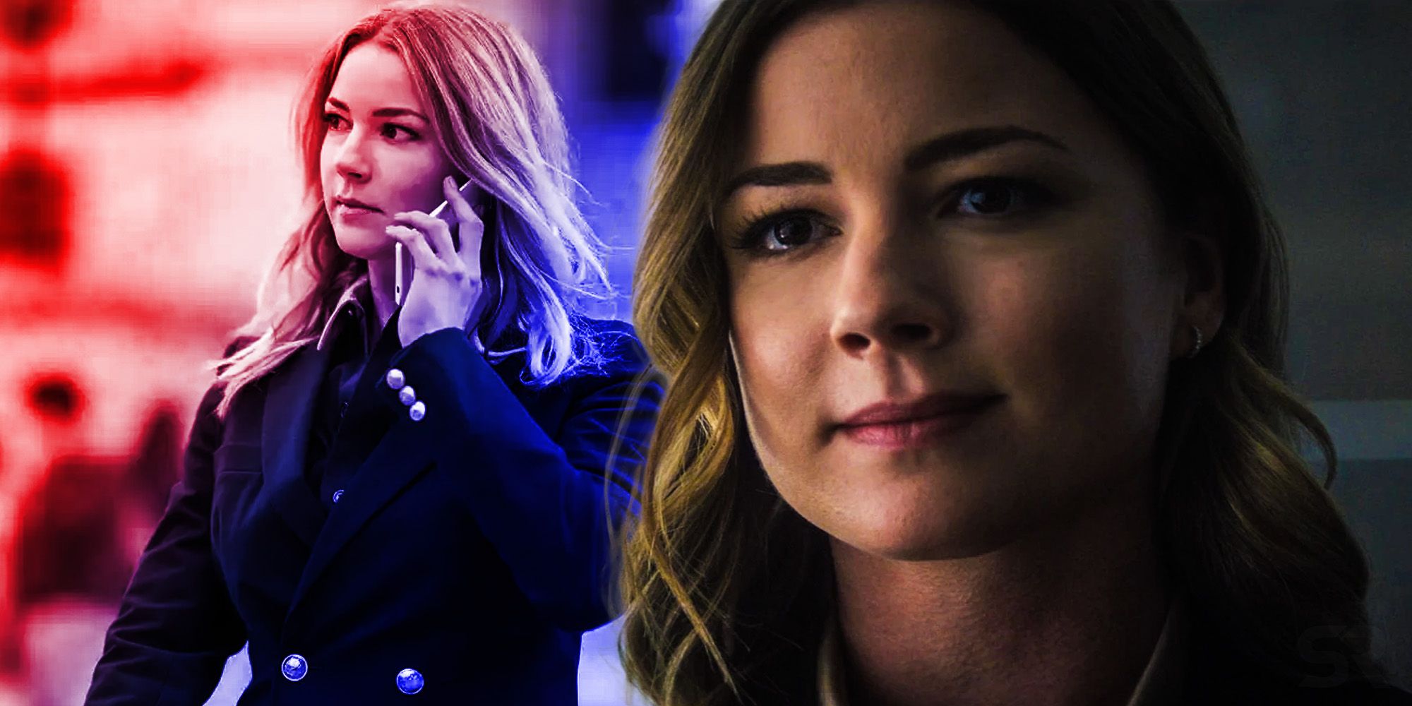 Split image of Sharon Carter (Emily VanCamp) in The Falcon and The Winter Soldier talking on the phone, smiling