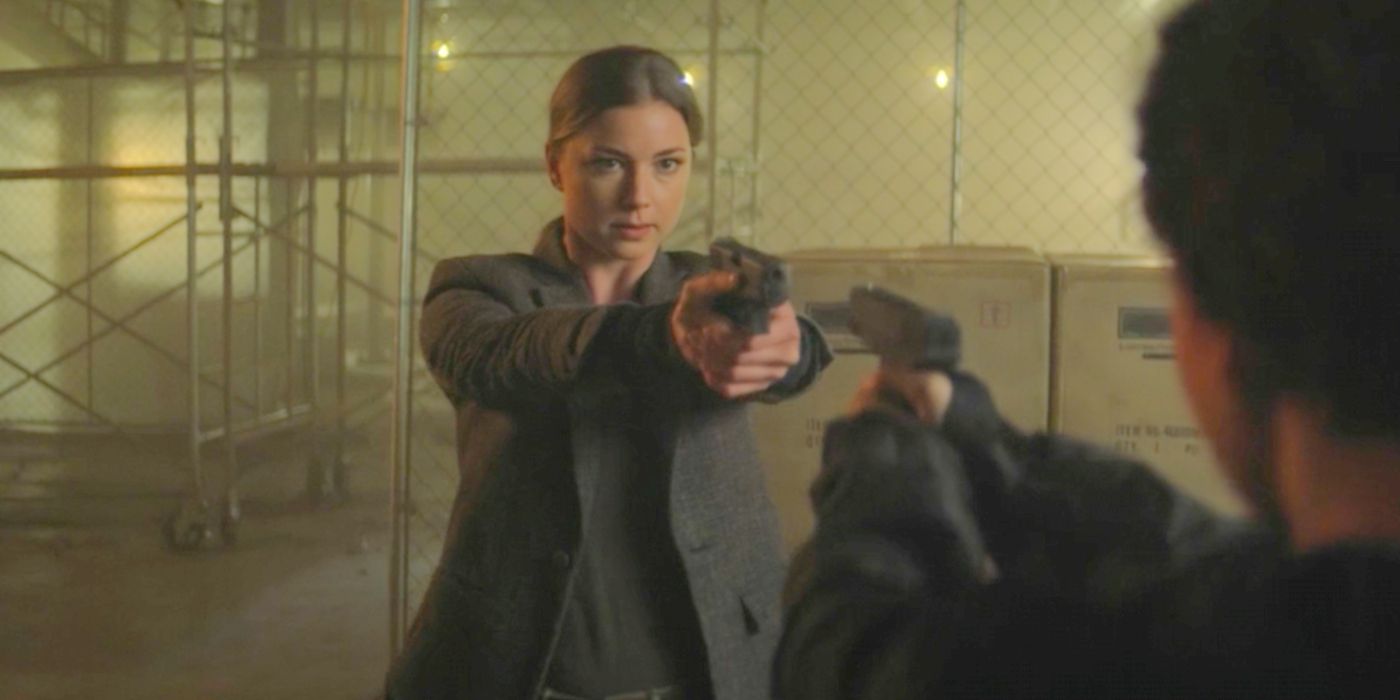 Sharon Carter in a stand off with a gun in Falcon and the Winter Soldier