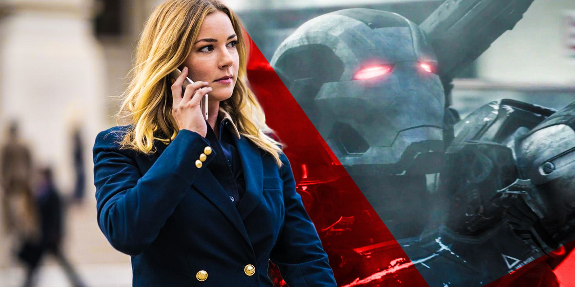 Sharon Carter and an image of War Machine in the MCU