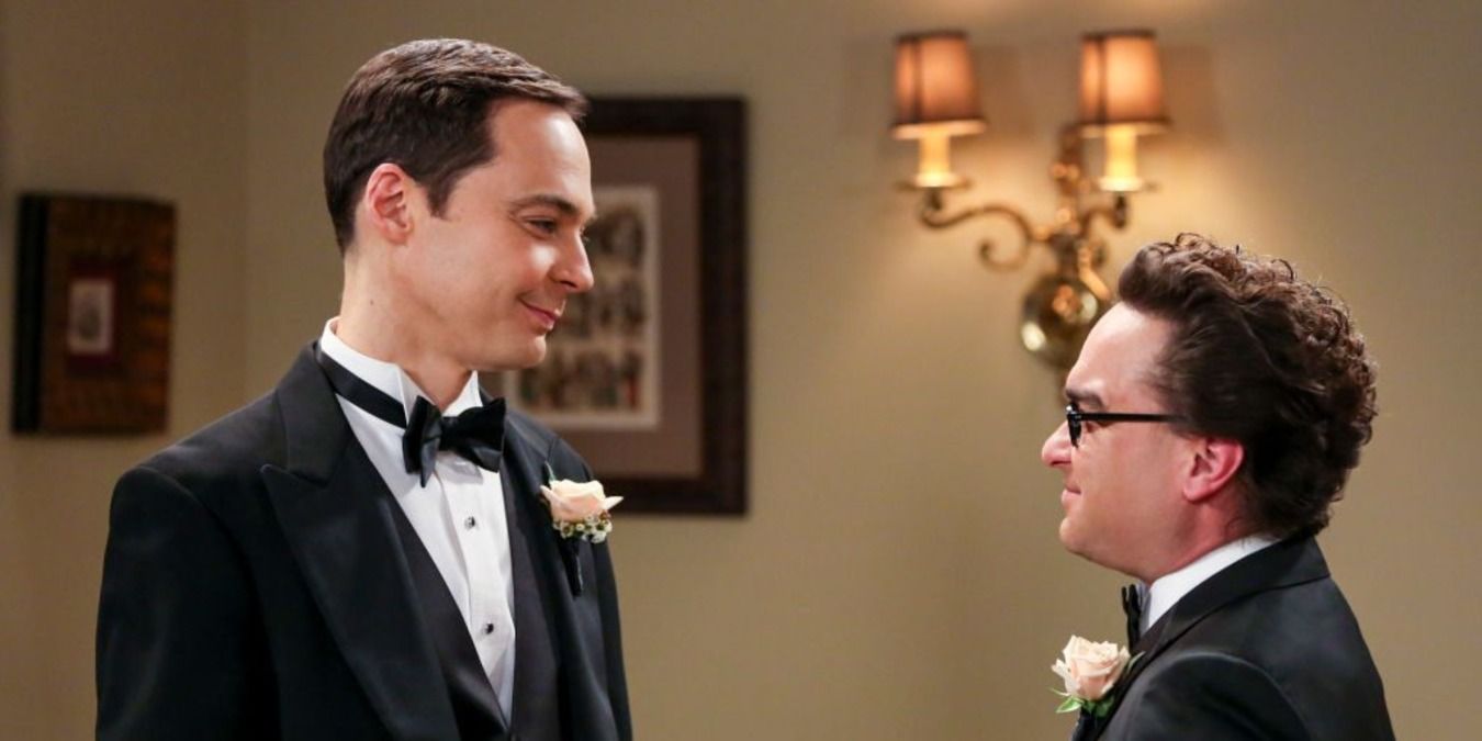 Sheldon and Leonard smiling at each other, wearing tuxedos for Sheldon's wedding