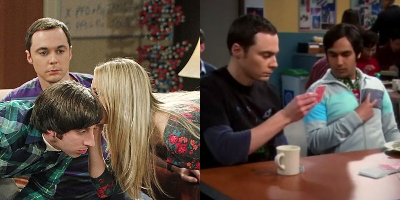 Split image of Sheldon seeing Penny whispering on Howard's ear, and seeing a card while Raj sees it too