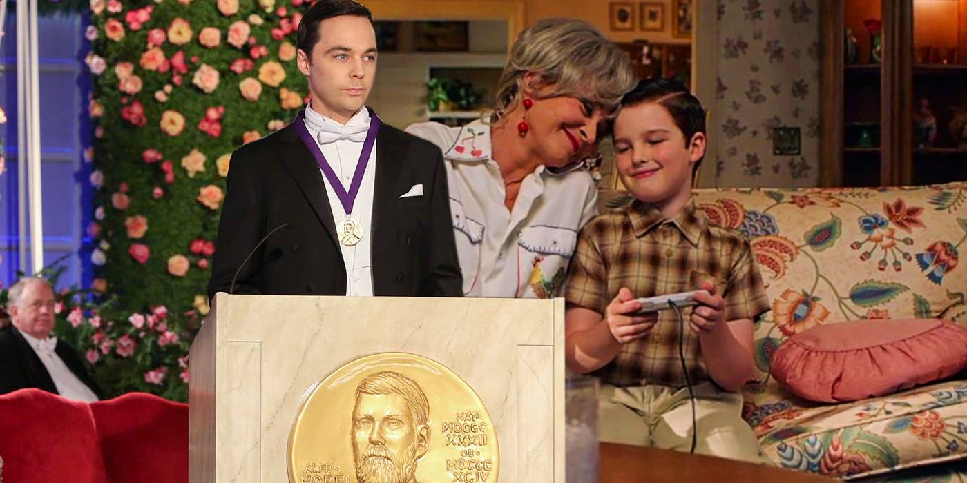 Sheldon with Nobel Prize in Big Bang Theory and Meemaw in Young Sheldon