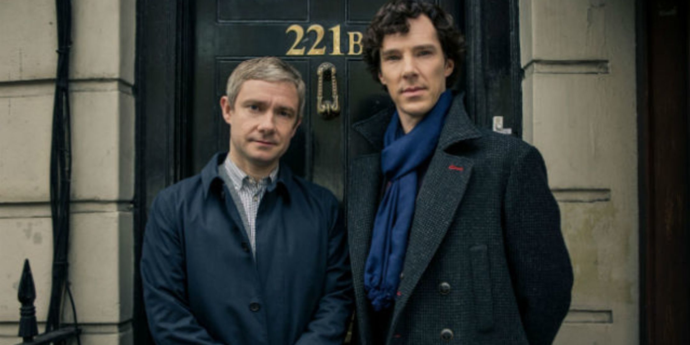 Sherlock and Watson outside of 221b Baker Street