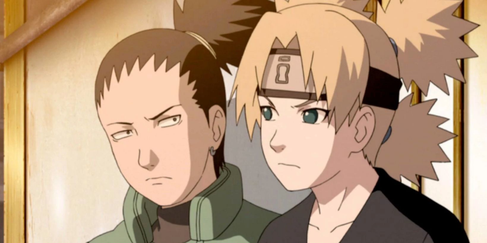 Shikamaru and Temari stare at one another while sitting together to proctor the Chunin Exams in Naruto Shippuden