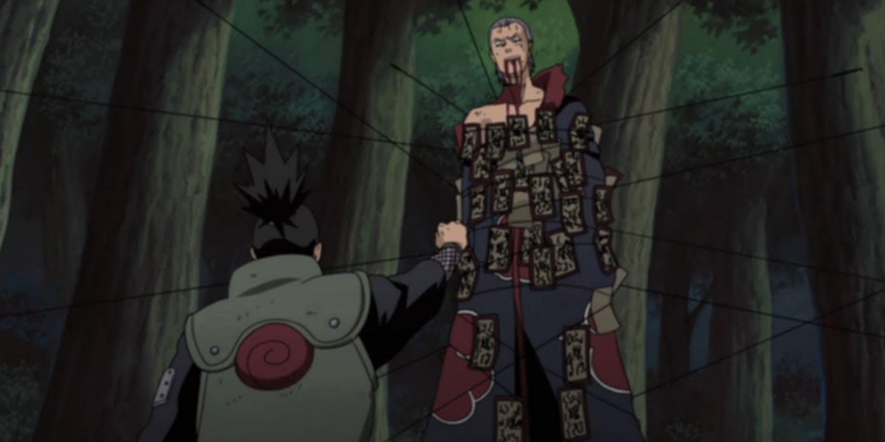 Shikamaru traps Hidan with explosive charges in Naruto Shippuden