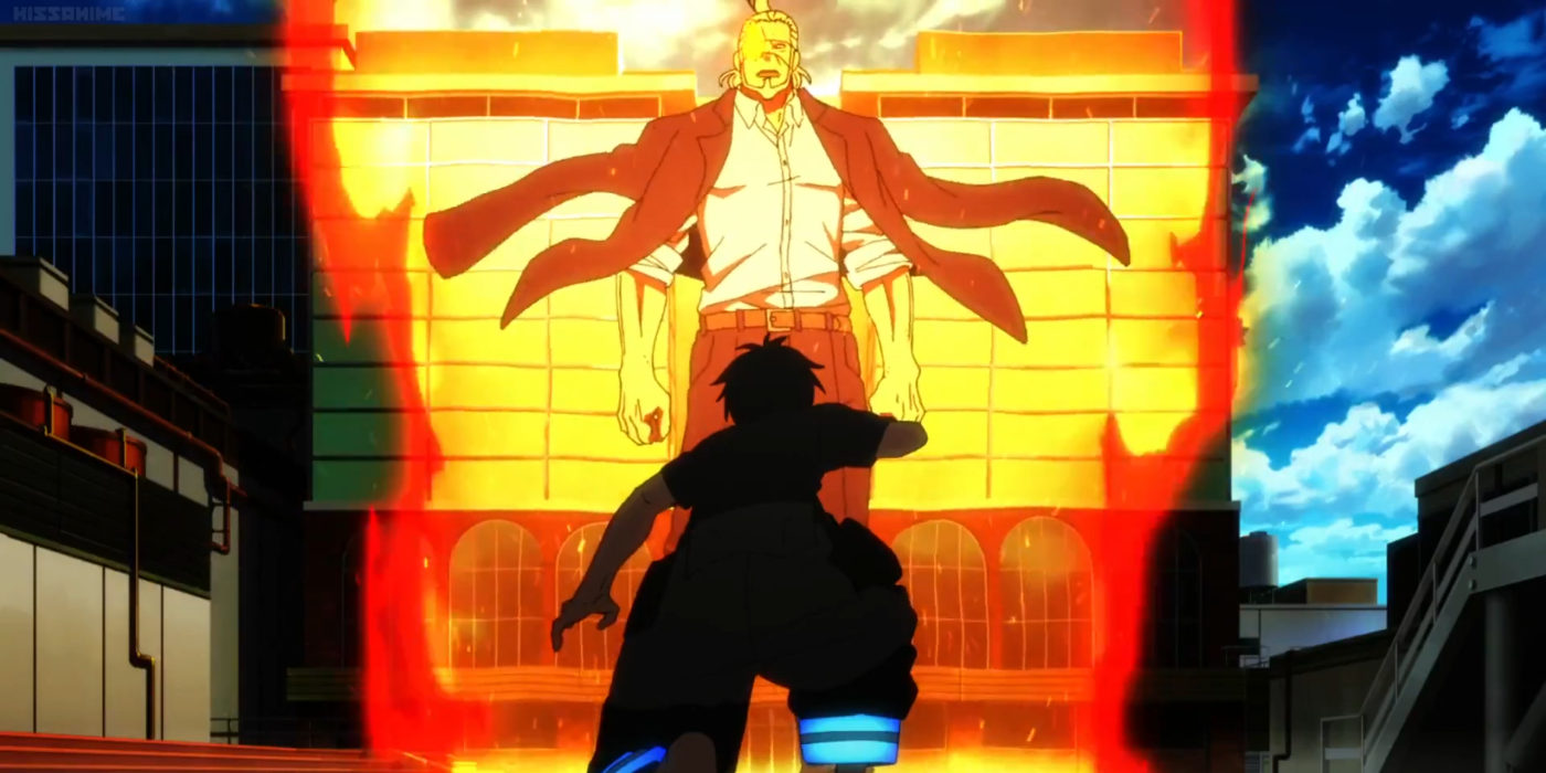 Shinra propels himself upwards with his fire against Burns in Fire Force
