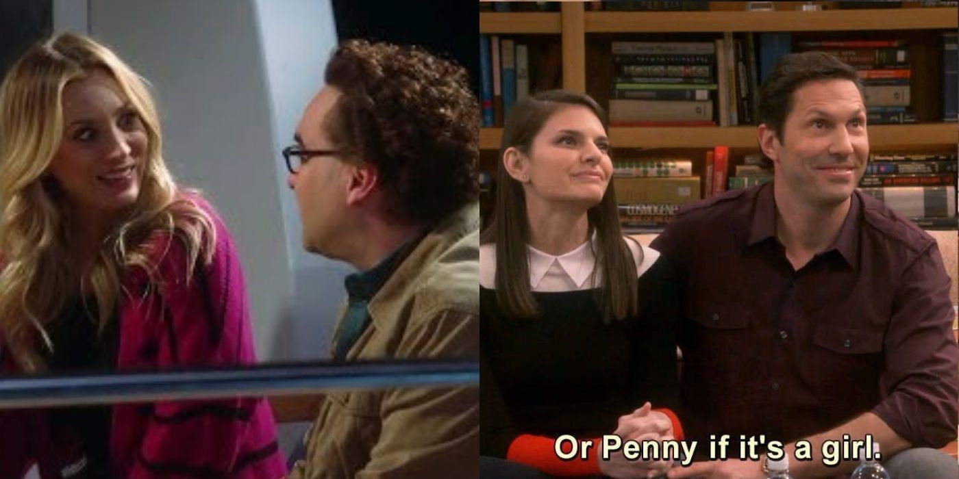 Side by side image of leonard and penny talking to zack on the big bang theory