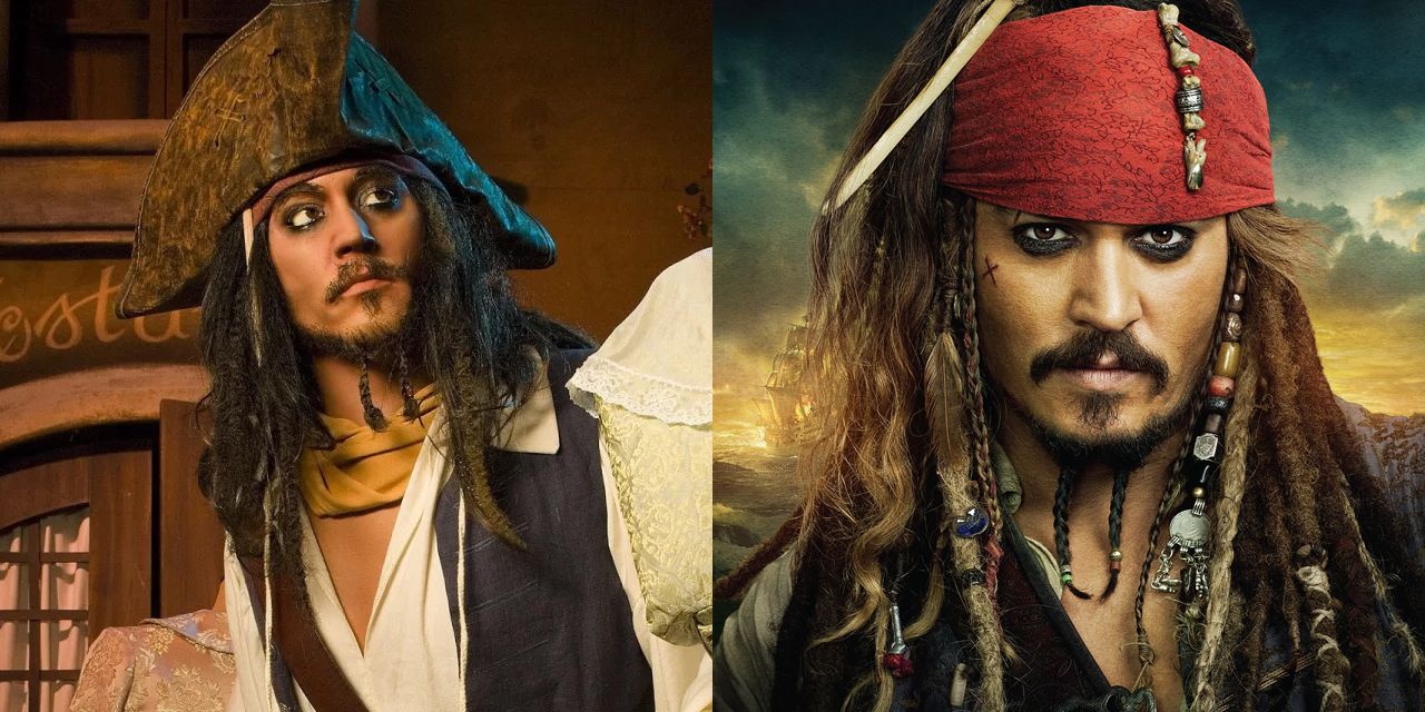 Side by side images of the Jack Sparrow animatronic from the park ride and Johnny Depp as Sparrow