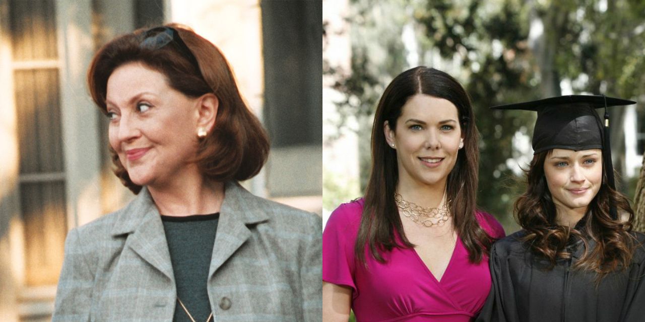 Side by side stills of Emily and Lorelai with Rory in Yale graduation gown