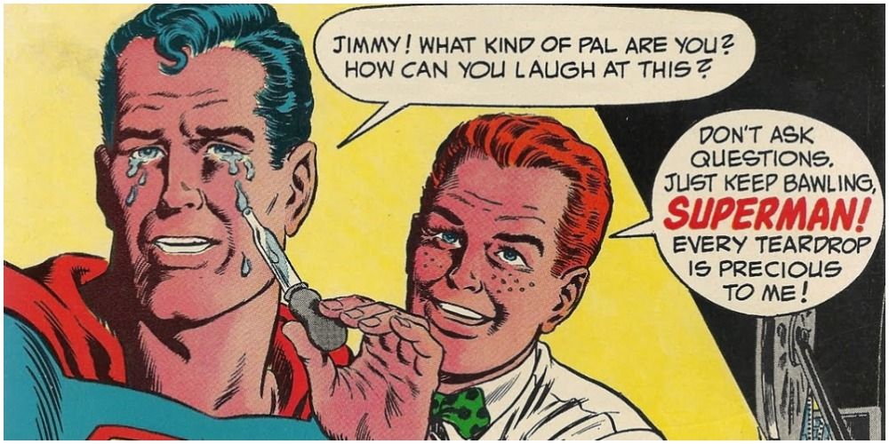 Silver Age Superman getting his tears collected by Jimmy Olsen
