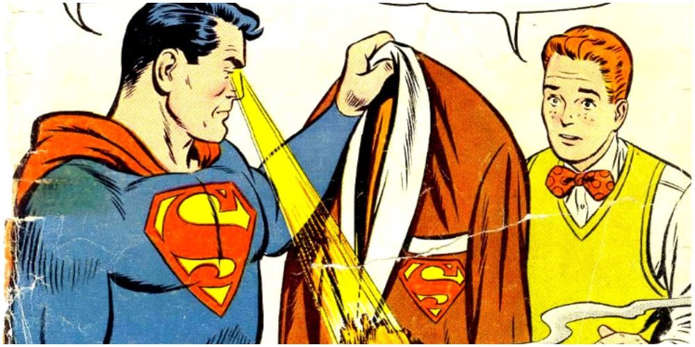 Silver Age Superman using his heat vision on Jimmy Olsen's gift