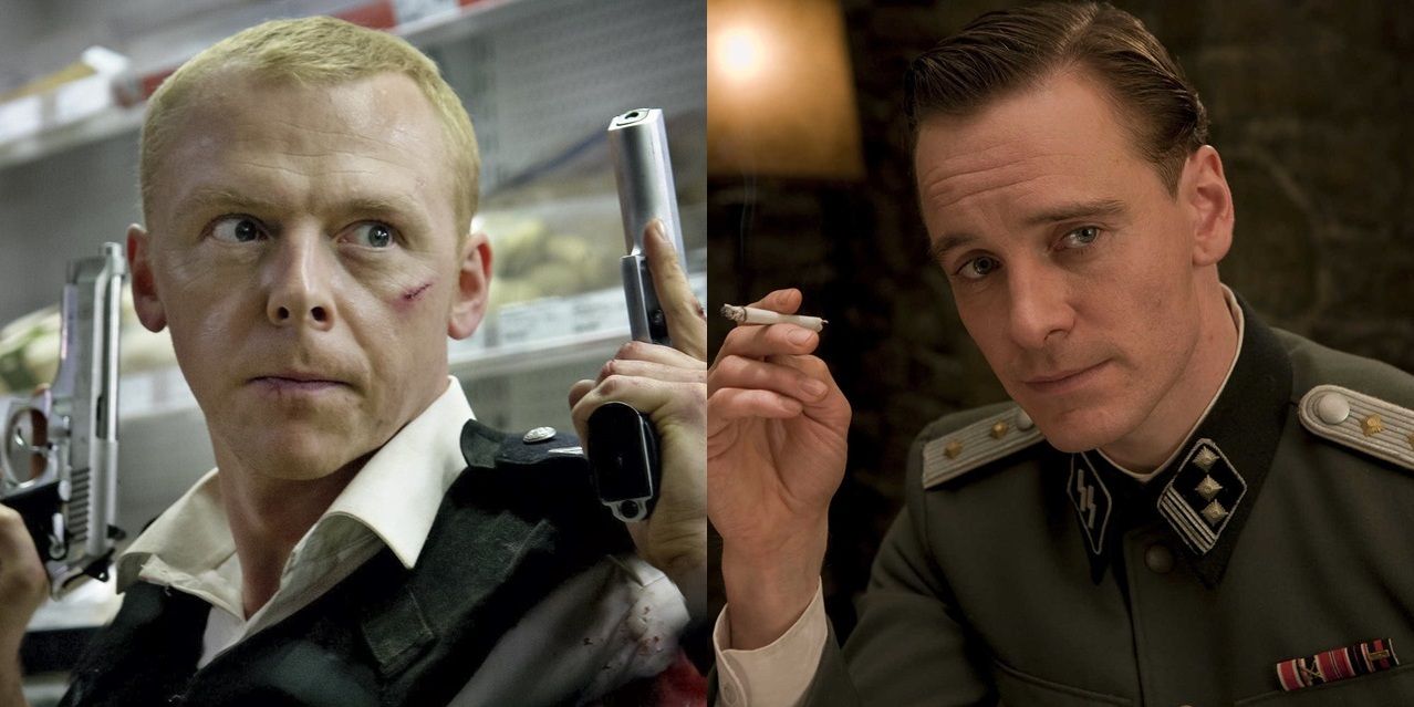 Split image of Simon Pegg in Hot Fuzz and Michael Fassbender in Inglourious Basterds