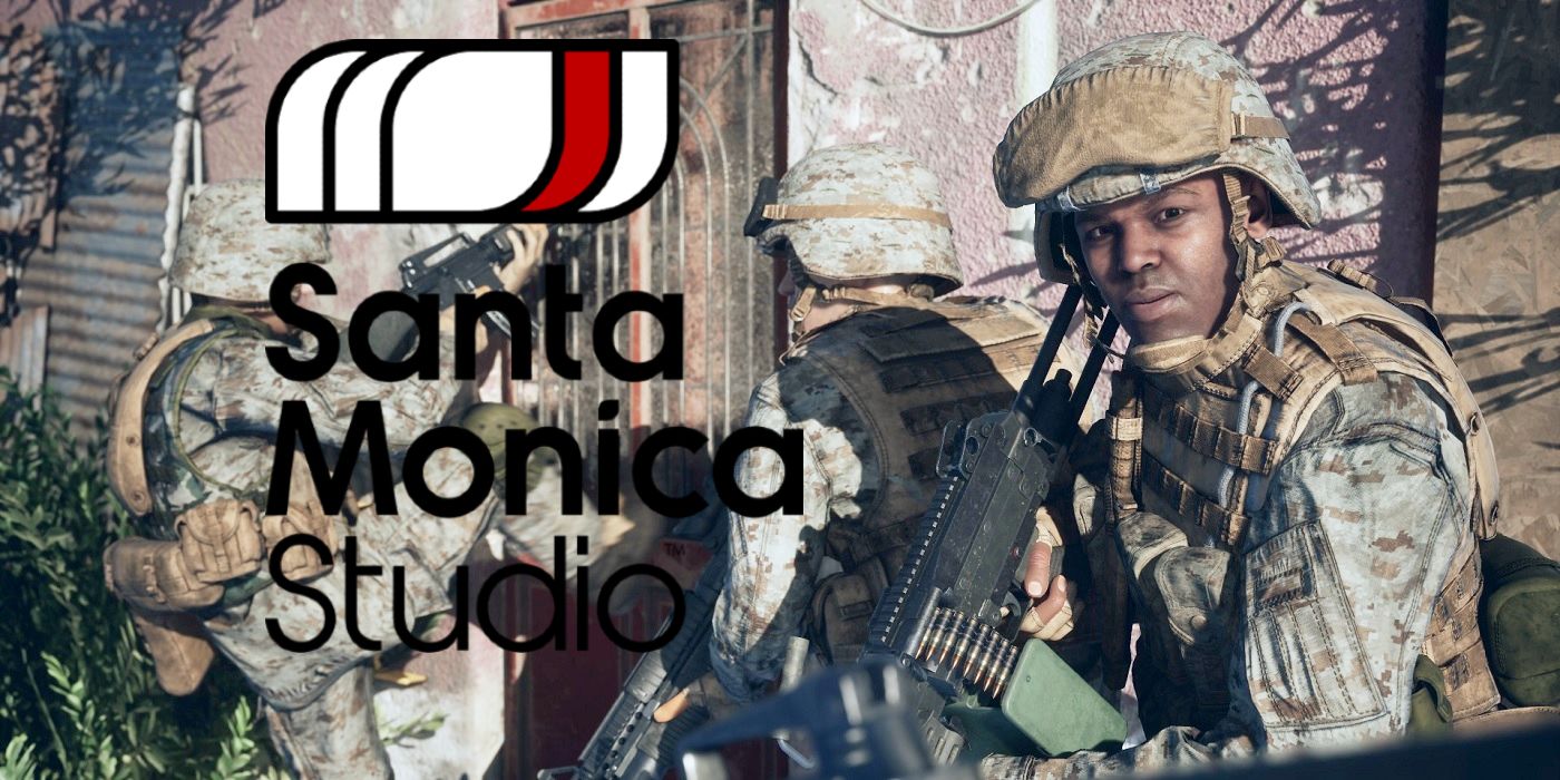 A screenshot of Six Days in Fallujah with the Santa Monica Studio logo.