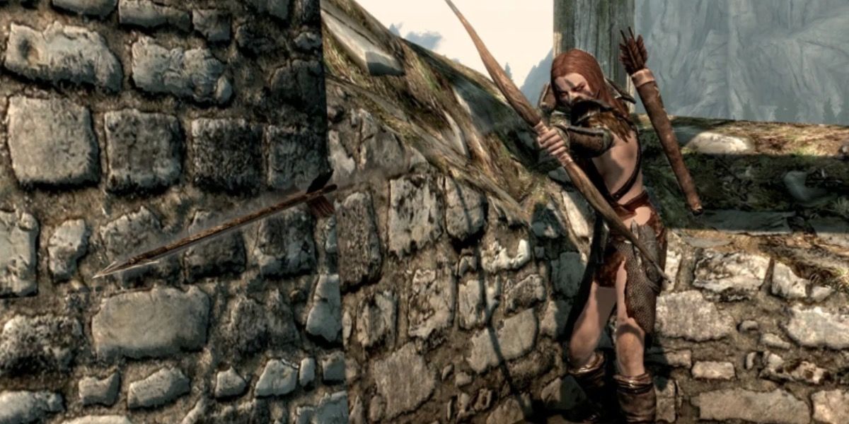 Skyrim — Aela the Huntress firing an arrow