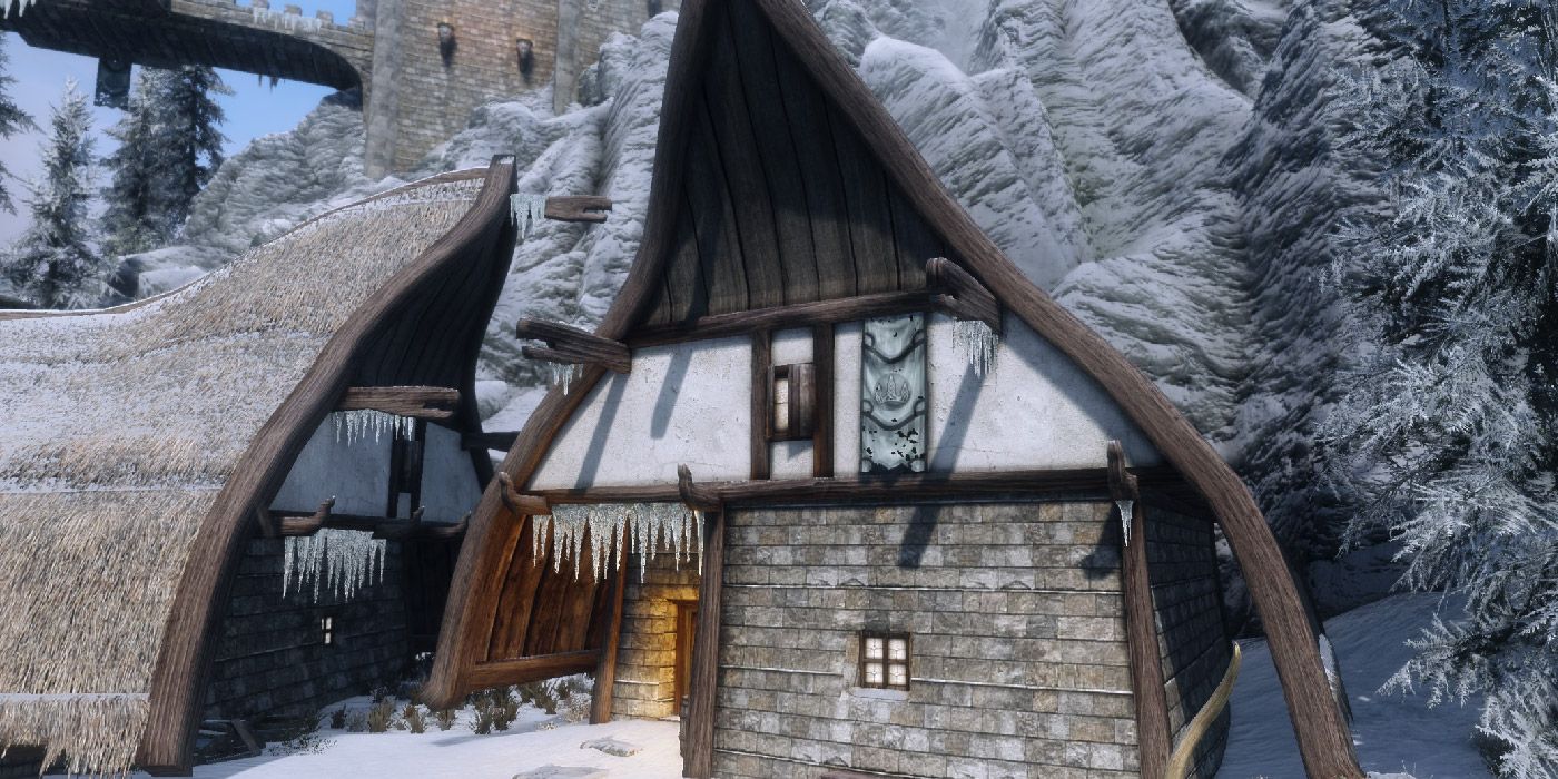 A northern city and cottage enhanced by a mod in Skyrim