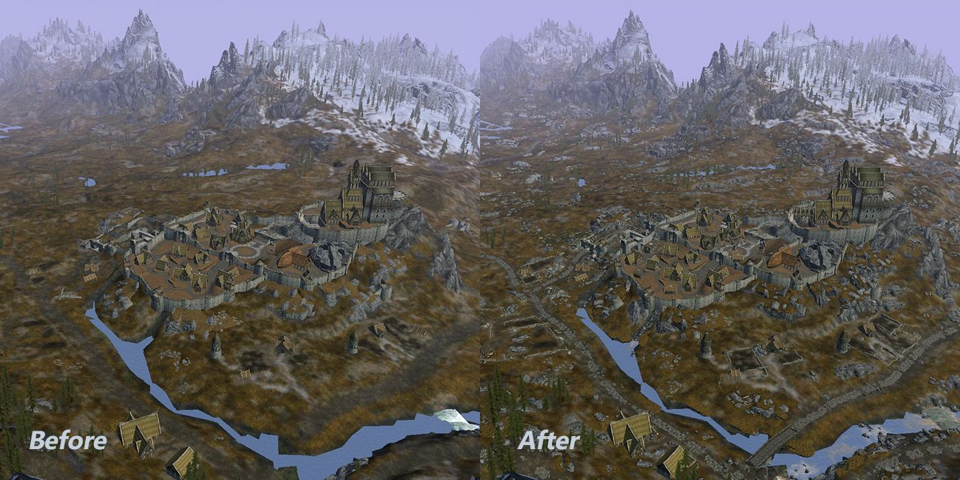 A split image comparison of regular Skyrim, and one with LOD generated by the DynDOLOD mod