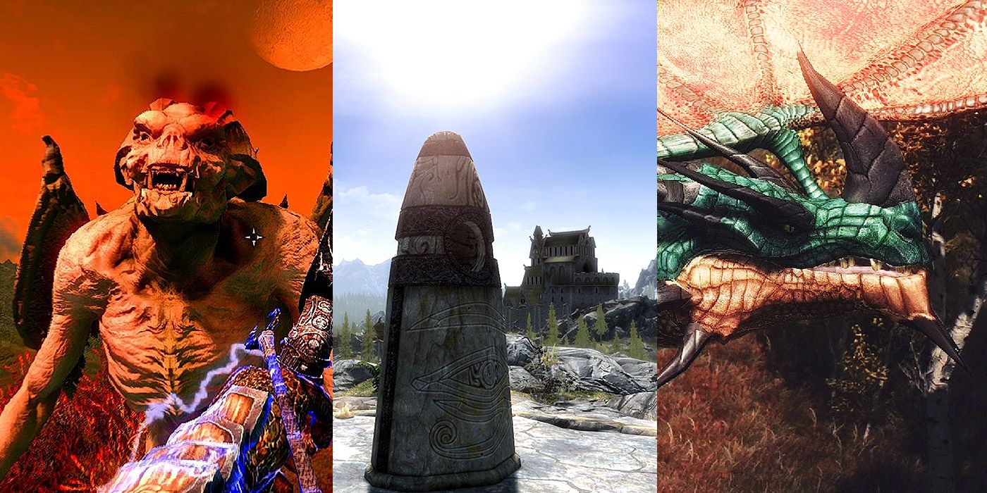 Split image of a Vampire Lord, a standing stone, and a Dragon from Skyrim
