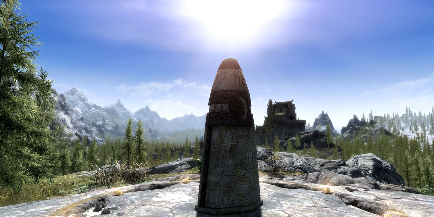 A shot of a Skyrim standing stone against the backdrop of Whiterun, with the Great Forest of Whiterun Hold mod enabled