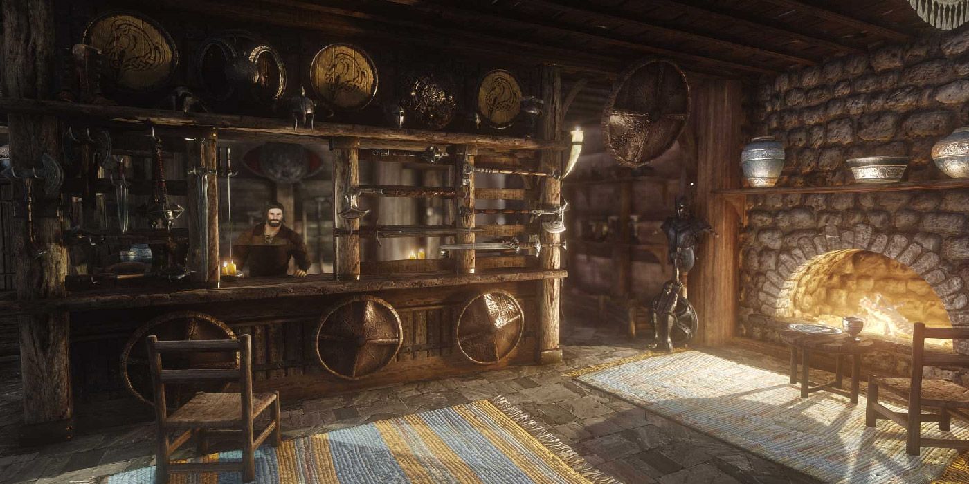 An enhanced version of the Warmaiden's weapons shop in Skyrim