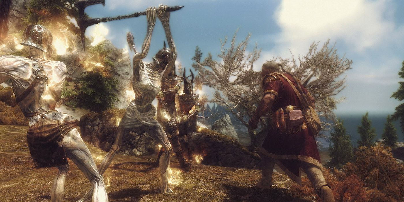 An Imperial soldier fights a group of Draugr in Skyrim