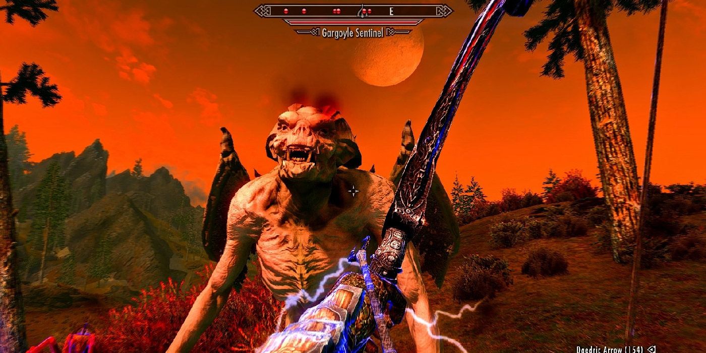 The Dragonborn takes aim at a Gargoyle Sentinel in Skyrim