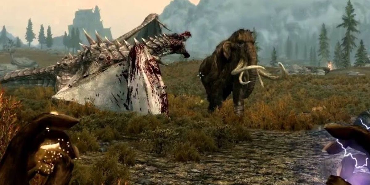Skyrim Funniest Events — Dragon vs Mammoth