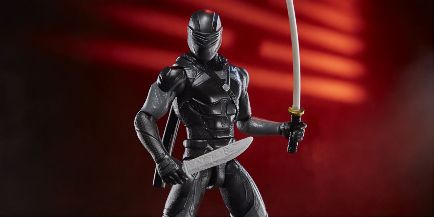 A toy image of Snake Eyes from G.I. Joe Holding Swords