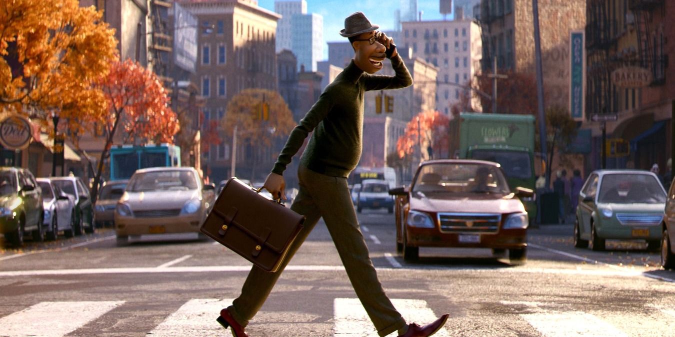 joe walking down the street with his briefcase in Soul