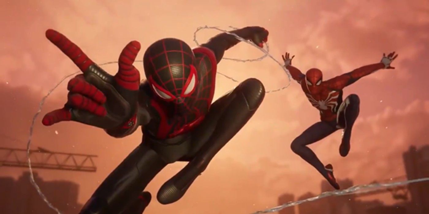 Miles Morales and Peter Parker swinging through the air in the PS5 game