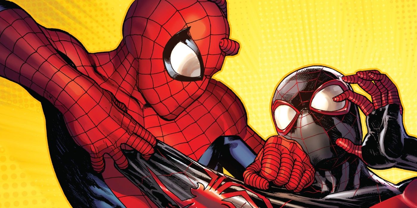 Featured Image: Spider-Men Peter Parker and Miles Morales grappling with one another