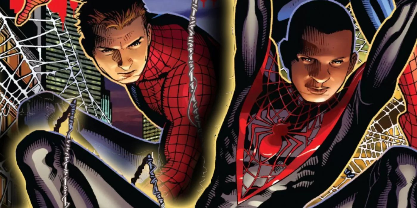 Miles Morales and Peter Parker slinging webs in Marvel Comics.